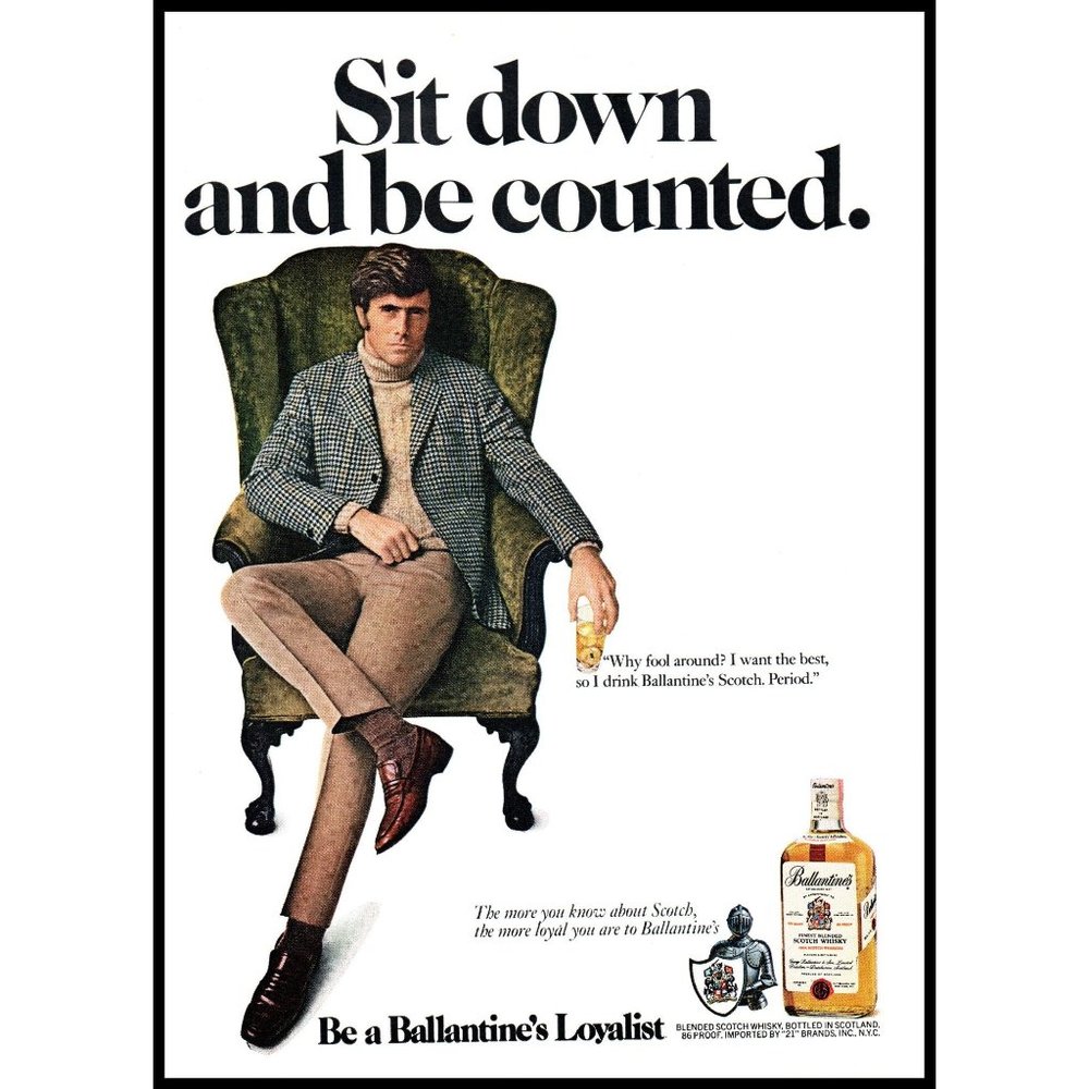 1970 Ballantine's Scotch Whisky Vintage Print Ad Tweed Jacket Wingback Wall Art